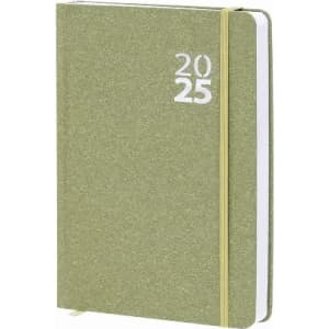 A green planner for 2025 with a textured cover and an elastic band closure. It features embossed numbers on the front.