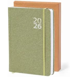 Two notebooks are displayed, one in olive green with a silver '2026' and the other in orange. Each has a textured cover.