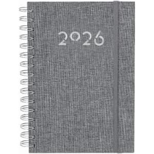A grey spiral-bound diary with the year 2026 embossed on the cover and an elastic closure band.