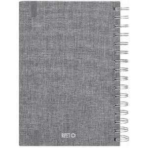 A grey spiral-bound notebook with a textured cover, featuring a branding logo at the bottom.