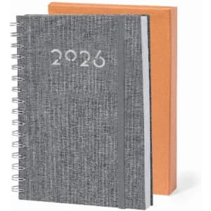 A grey notebook with a spiral binding, featuring the year "2026," alongside an orange box.