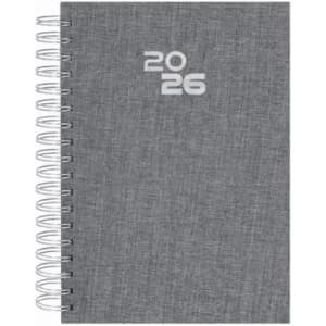 A grey spiral-bound notebook featuring the year "2026" on the cover. It has a textured finish.