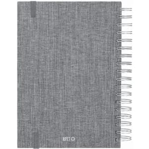A grey spiral-bound notebook with a textured cover and an elastic band. It features a logo at the bottom.
