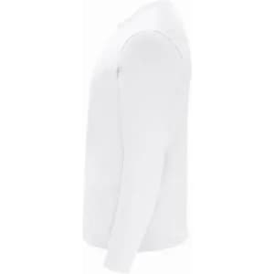 A long-sleeved white shirt displayed from the side, featuring a simple design with no visible logos.