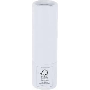 A drink bottle in white with a cylindrical shape and a logo, featuring a sleek, modern design.