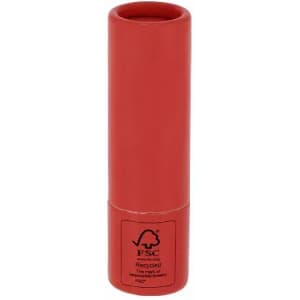 A drink bottle in red with a cylindrical design and a logo featuring recycling information.