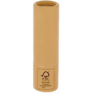 A drink bottle in a cylindrical shape, featuring a tan colour and an embossed logo.