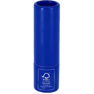 A blue drink bottle with a cylindrical shape and a logo on the side, made from recycled materials.