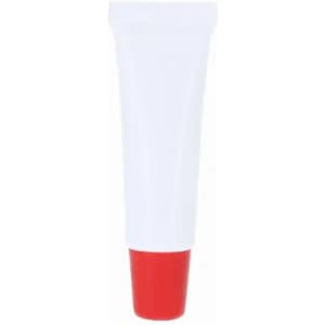 A tube of cream featuring a white body and a red cap, with a logo on the front.