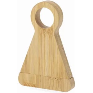 A bamboo bottle opener in a triangular shape, featuring a circular handle at the top.