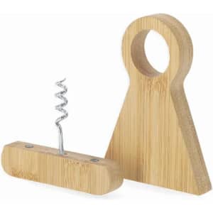 A bamboo corkscrew set featuring a triangular stand and a spiral corkscrew, showcasing natural wood grain.