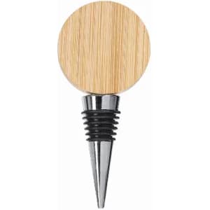 A drink bottle stopper featuring a circular bamboo top and a stainless steel conical base.