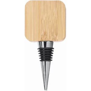 A drink bottle stopper featuring a square bamboo top and a stainless steel base with a black rubber seal.
