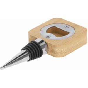 A bottle stopper featuring a wooden square base, a metal top with a bottle opener, and a stainless steel cone.