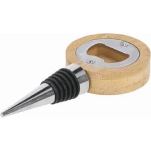 A bottle stopper with a bamboo top and metal opener, featuring a black rubber grip.