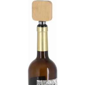 A drink bottle with a bamboo top, featuring a glass base and a decorative label. The colour is primarily brown.