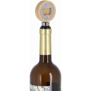 A drink bottle with a gold neck, topped by a wooden corkscrew design featuring a circular metal opening.