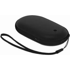 A black, oval-shaped case with a strap, featuring a USB port and a small circular button. It has a branding logo.