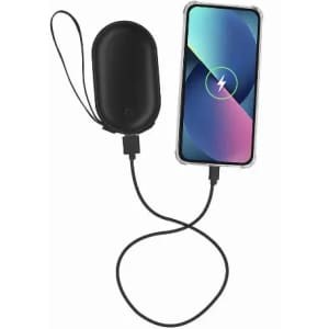 A portable charger in black connected to a smartphone with a charging cable. The phone's screen displays a charging icon.