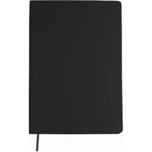 A notebook with a plain black cover and a ribbon bookmark. It has a simple, minimalist design.