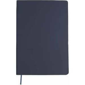 A dark navy notebook with a smooth cover and a blue ribbon bookmark. It has a simple, minimalistic design.