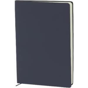 A navy blue notebook with a plain cover and a ribbon bookmark, featuring white inner pages.