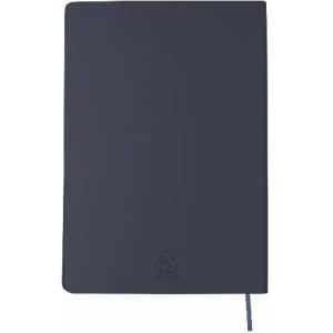 A notebook featuring a navy blue cover with a small logo at the bottom and a ribbon bookmark.