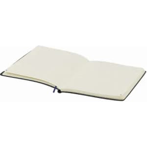 A notebook with a black cover, featuring blank cream pages and an elastic closure.