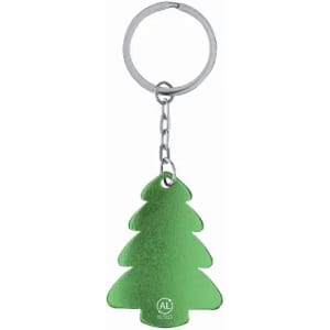 A green tree-shaped keyring attached to a metal chain and ring, featuring a logo on the front.