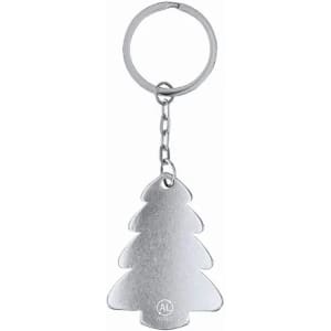A keychain shaped like a Christmas tree in silver, with a metal keyring attachment.