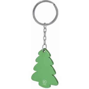 A green tree-shaped keyring with a metallic finish attached to a silver keychain.