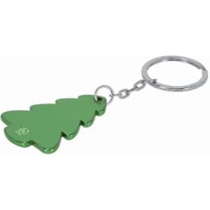 A green keychain shaped like a Christmas tree, attached to a metallic keyring.
