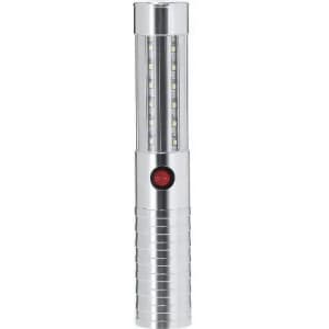 A portable flashlight with a silver body, featuring two rows of LED lights and a red power button.