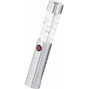 A silver flashlight with multiple LED lights and a red power button. It has a sleek, cylindrical design.