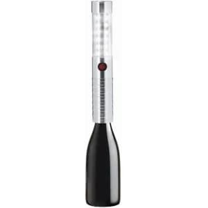 A black and silver handheld flashlight with a clear lens and multiple LED lights. It features a red button for operation.