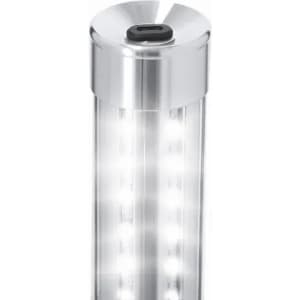 A clear drink bottle with a silver lid and integrated LED lights on the interior.