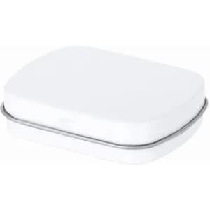 A white rectangular tin container with a grey rim, featuring a smooth, flat lid.