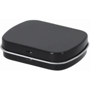 A black, rectangular tin with a hinged lid and silver trim. The tin has a smooth surface and a minimalistic design.