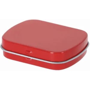 A red metal tin with a smooth surface and a slightly curved shape featuring a silver-coloured clasp.