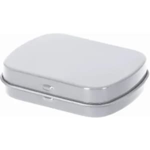 A silver rectangular tin with a smooth lid, featuring rounded edges and a hinge for opening.