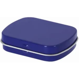 A small square tin with a blue finish and a silver rim. The lid is slightly raised.