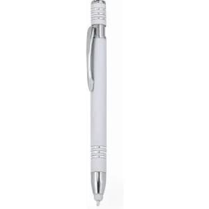 A pen featuring a white body with chrome accents and a clip, designed for smooth writing.