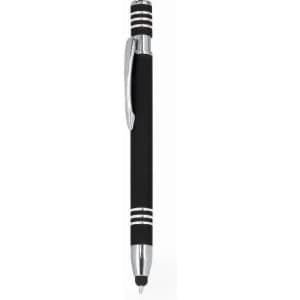 A black pen with silver accents and a textured grip, featuring a sleek design and a clip.