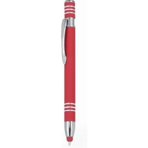 A red pen with a smooth grip and silver accents, featuring a clip and a pointed tip.