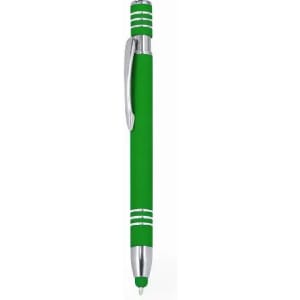 A green pen with a silver clip and detailing, featuring a smooth barrel for comfortable writing.