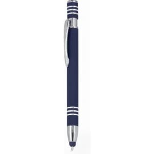 A navy blue pen with silver stripes and a chrome clip, featuring a smooth writing tip.