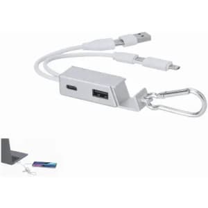 A charging cable with USB Type-A, USB Type-C, and a micro USB connector, featuring a carabiner. The device is silver and white.