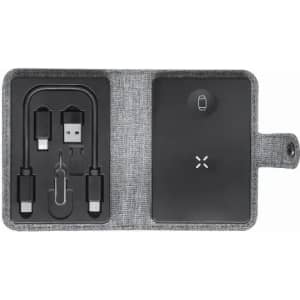 A tech accessory kit featuring a grey case, USB cables, and a black portable charger.