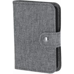 A grey fabric planner with a button closure, featuring a textured finish and a simple design.