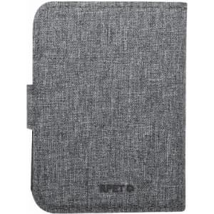 A tablet case in grey fabric with a sleek design and a logo on the front.